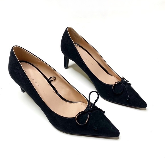 Zara Trafaluc Pointy Bow Toe Heels Pumps Suede Black 37 - Picture 2 of 7